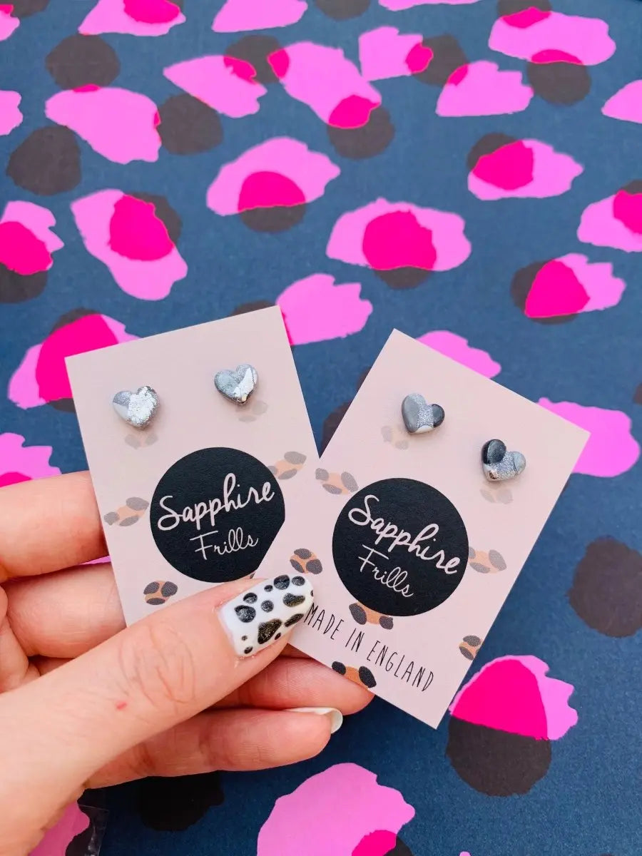 Mini Translucent Silver Glitter Smudge Print Heart Stud Earrings Sapphire Frills