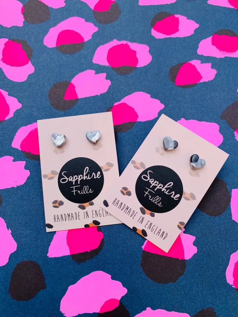 Mini Translucent Silver Glitter Smudge Print Heart Stud Earrings Sapphire Frills
