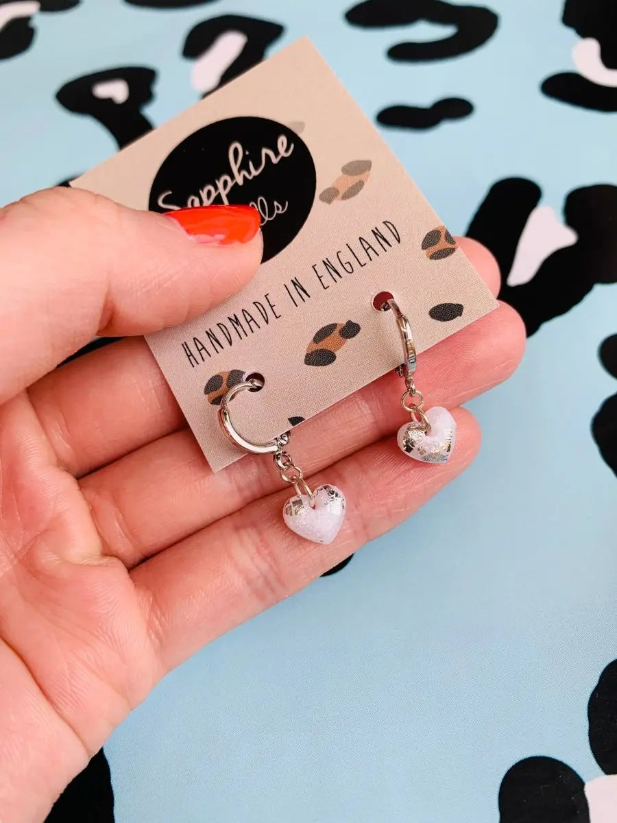 Mini Translucent White Glitter Heart Stud Earrings Sapphire Frills