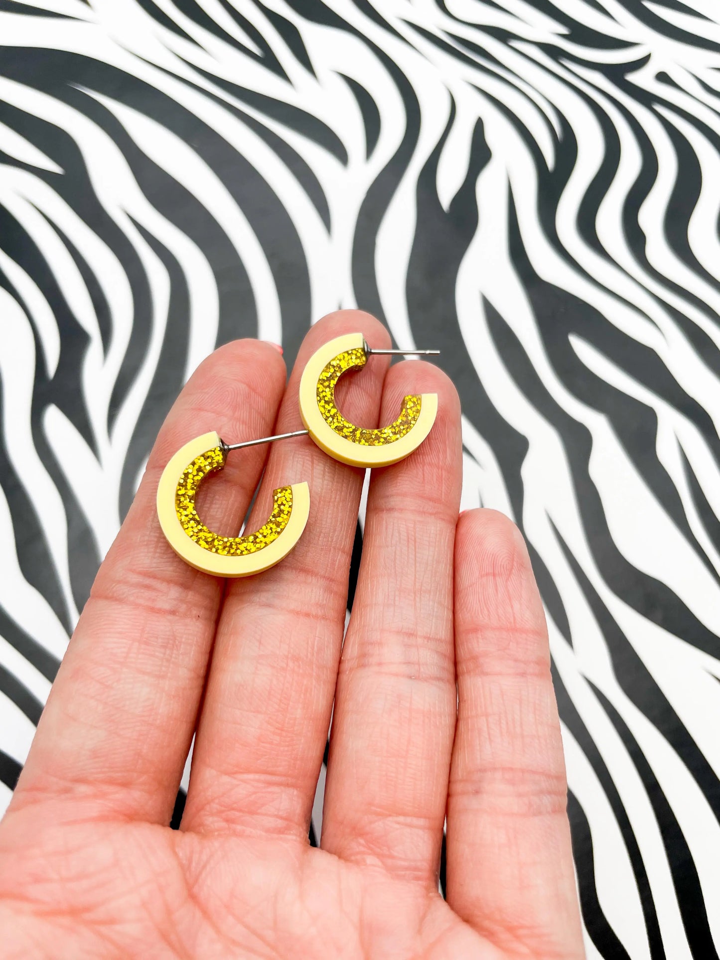 Pastel Yellow and Gold Glitter Striped Acrylic Hoops from Sapphire Frills