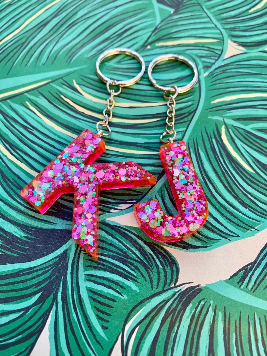 Pink Florescent Glitter Initial Keyring Sapphire Frills
