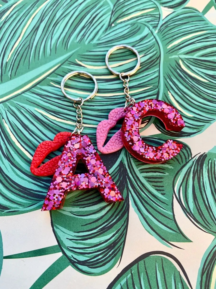 Pink and Red Glitter Initial Keyring Sapphire Frills