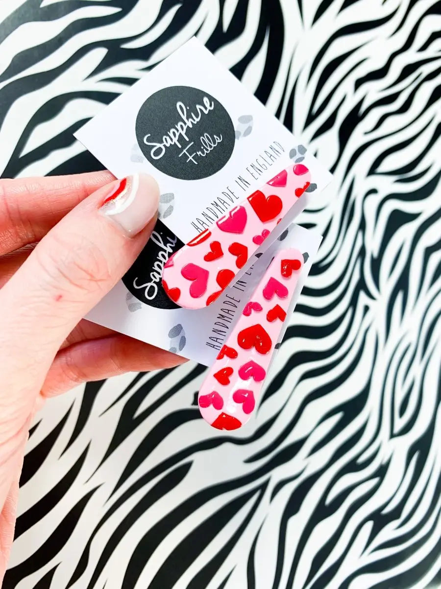 Pink and Red Heart Print Hair Clips from Sapphire Frills