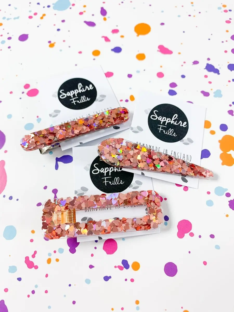 Rainbow Dusky Pink Heart Glitter Hair Clips from Sapphire Frills
