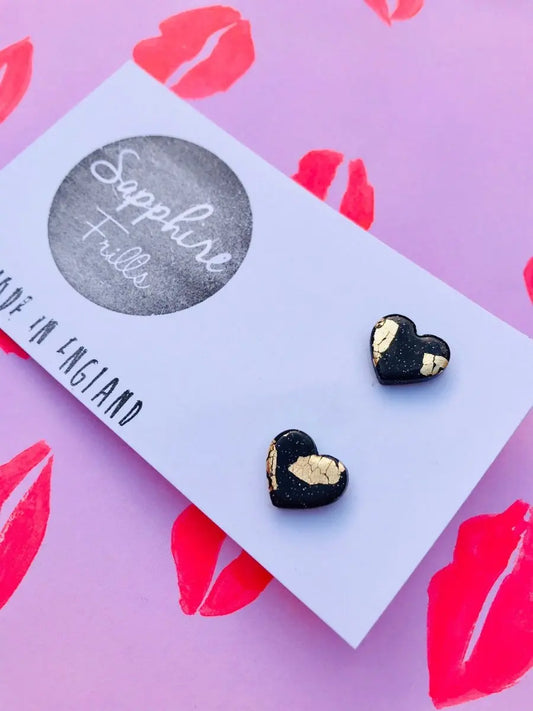 Small Black & Gold Glitter Heart Stud Earrings Sapphire Frills