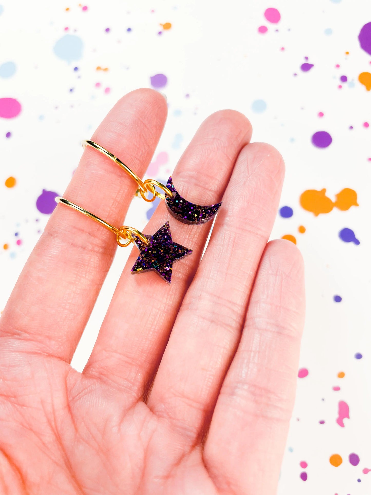 Small Grape Glitter Acrylic Mismatch Star and Moon Dangle Earrings from Sapphire Frills