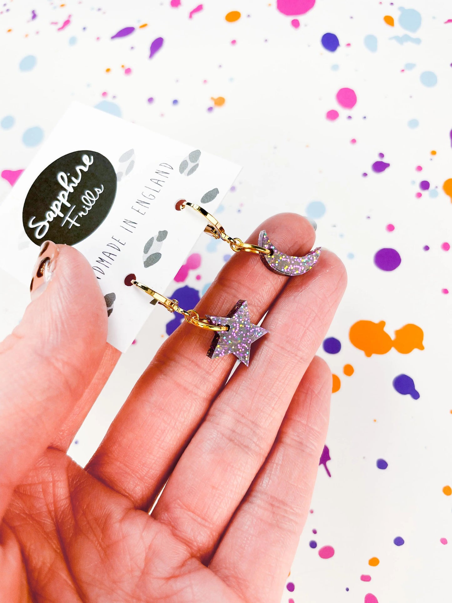 Small Grape Glitter Acrylic Mismatch Star and Moon Dangle Earrings from Sapphire Frills