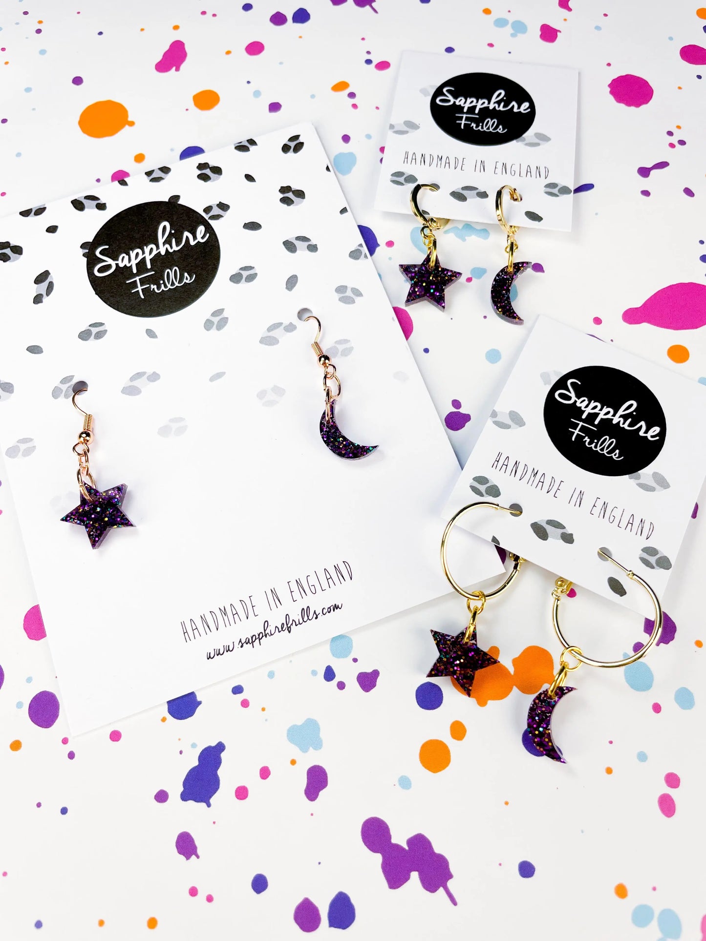 Small Grape Glitter Acrylic Mismatch Star and Moon Dangle Earrings from Sapphire Frills