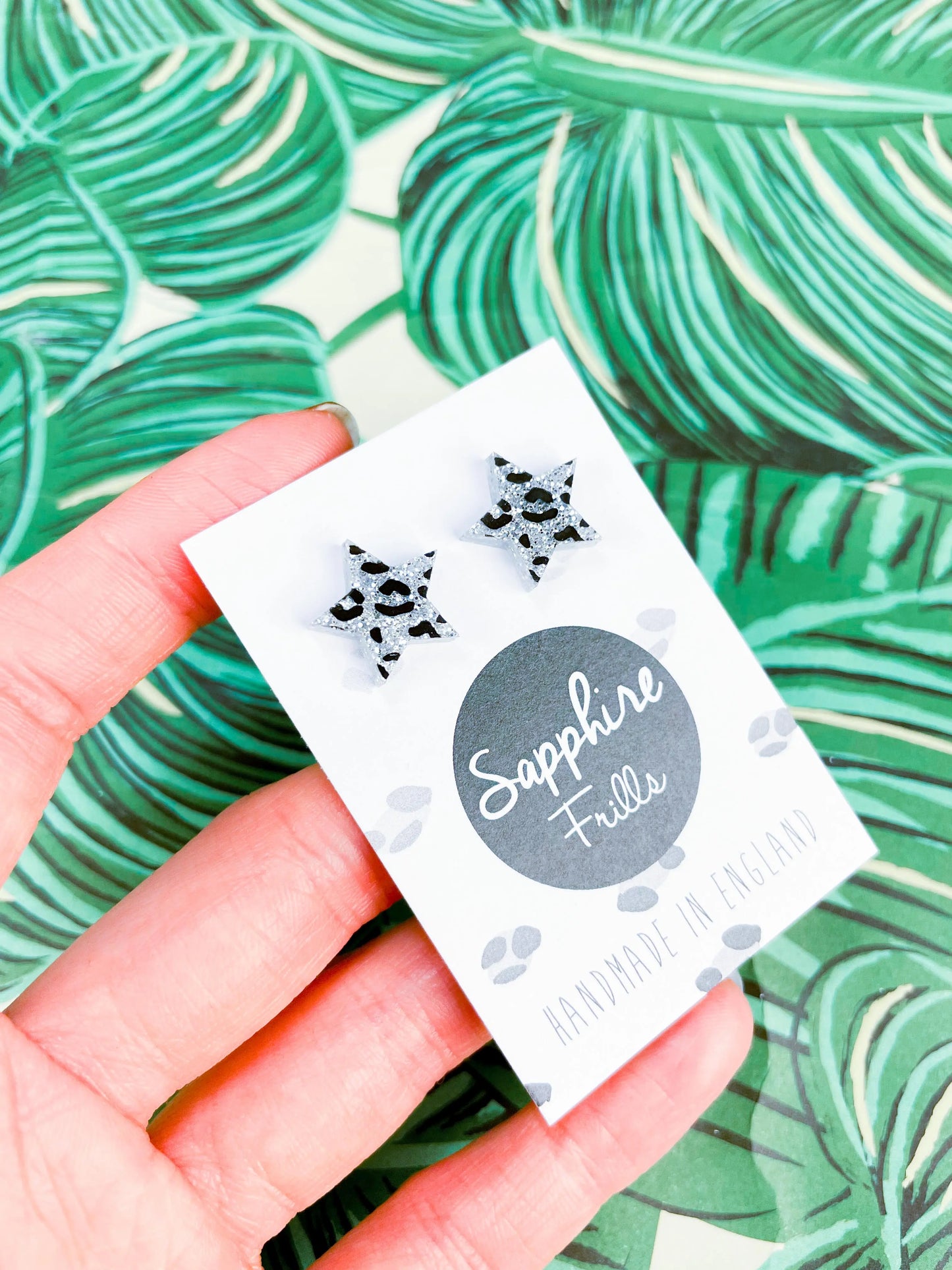Small Holographic Silver Glitter Leopard Print Acrylic Star Studs from Sapphire Frills