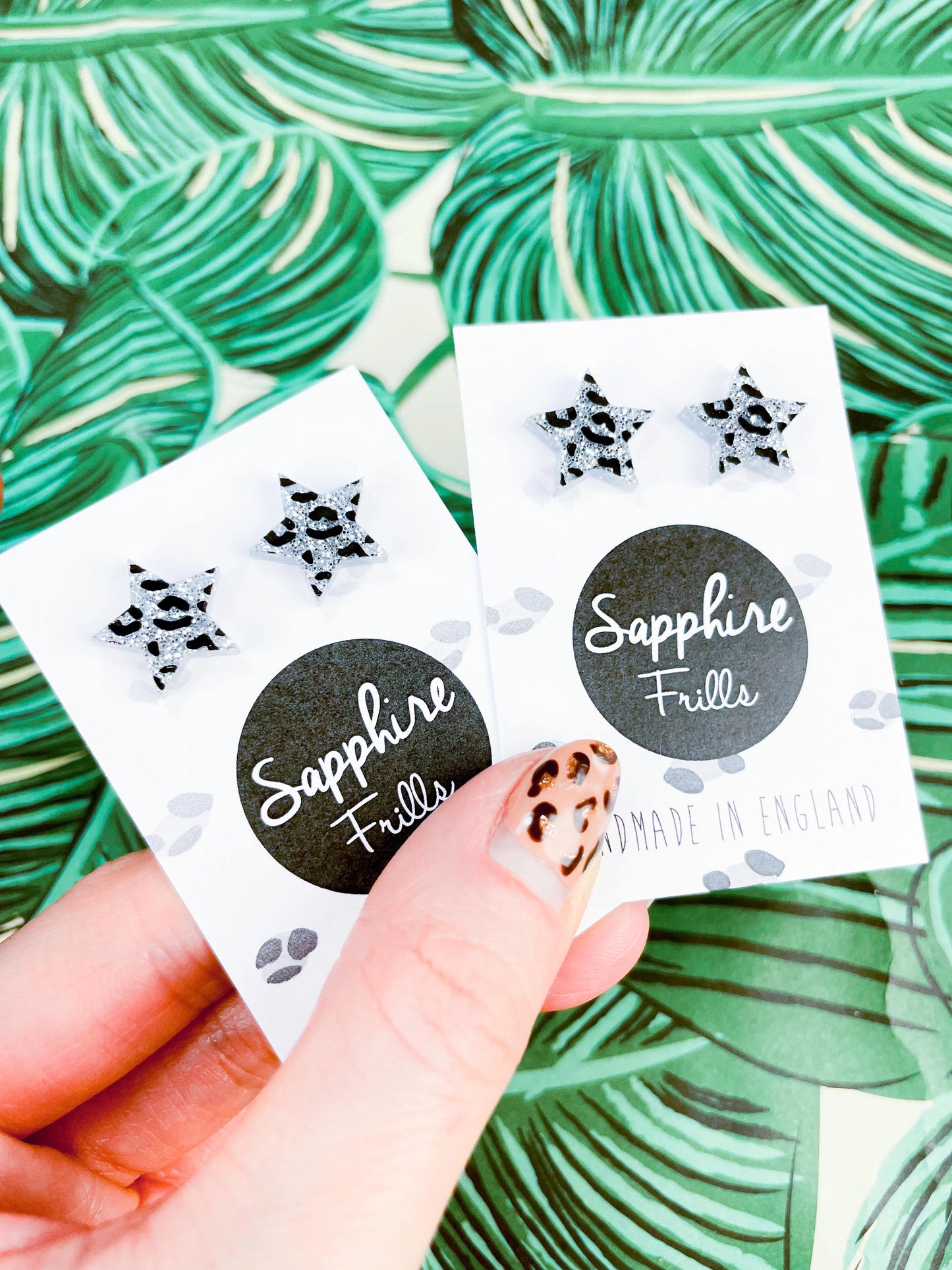 Small Holographic Silver Glitter Leopard Print Acrylic Star Studs from Sapphire Frills