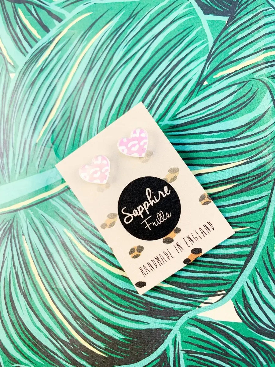 Small Iridescent Leopard Print Acrylic Heart Stud Earrings Sapphire Frills
