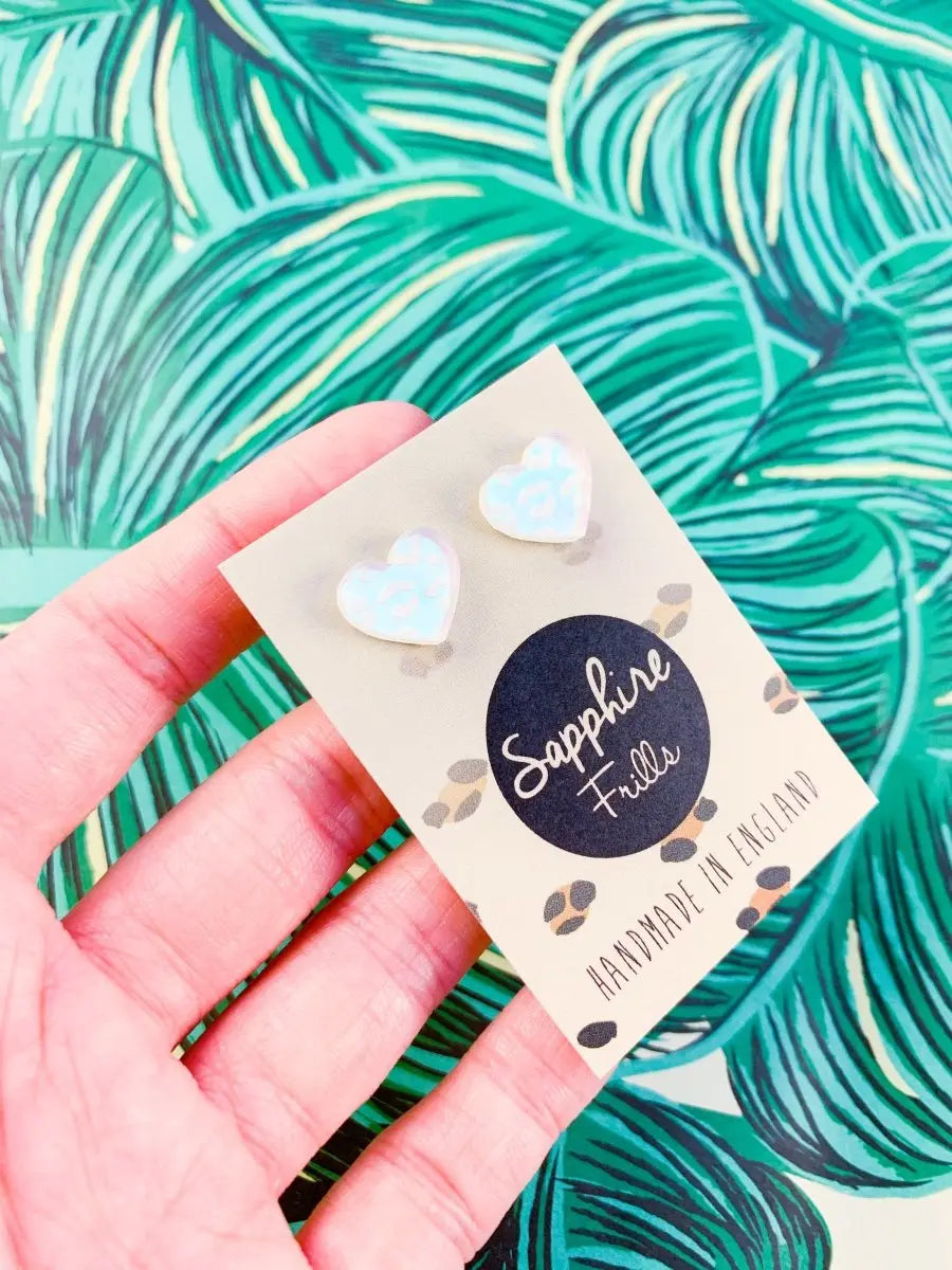 Small Iridescent Leopard Print Acrylic Heart Stud Earrings Sapphire Frills