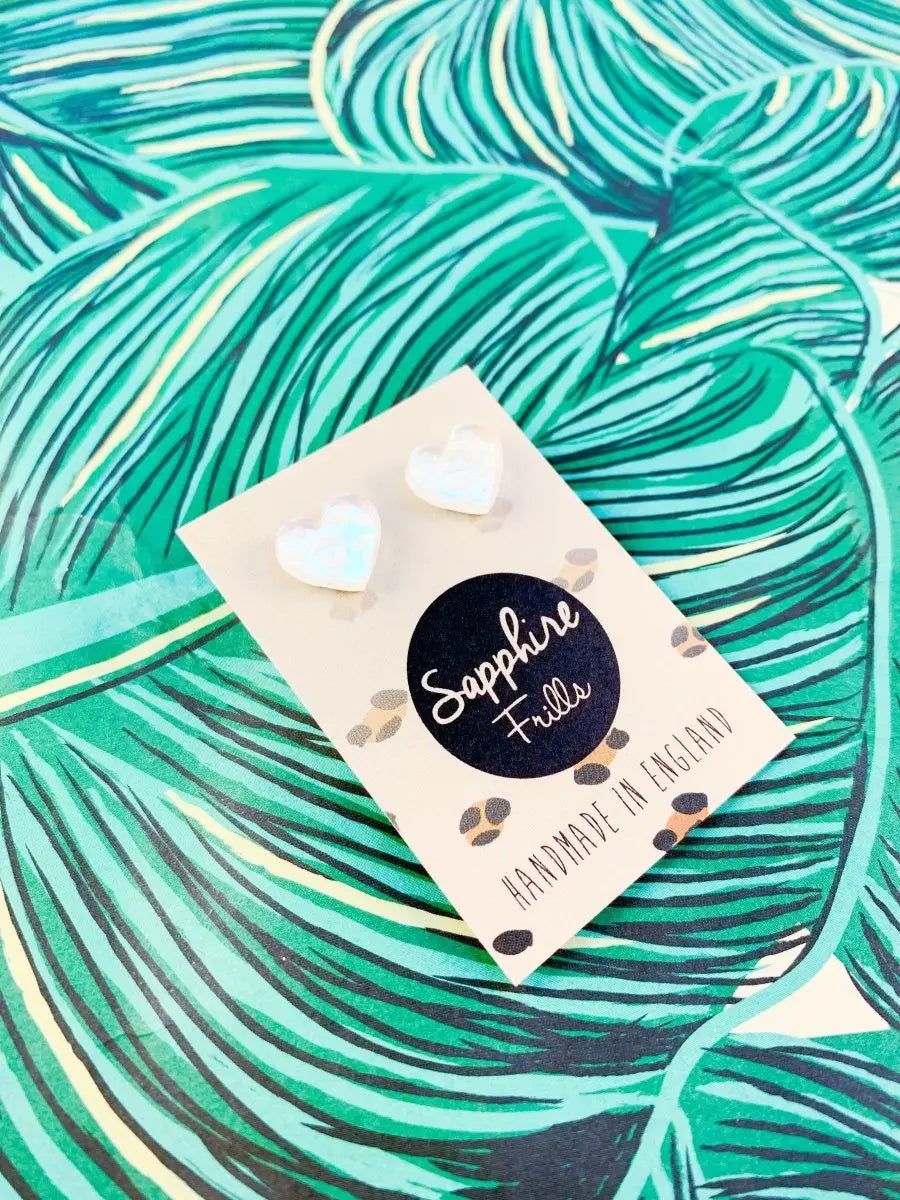 Small Iridescent Leopard Print Acrylic Heart Stud Earrings Sapphire Frills