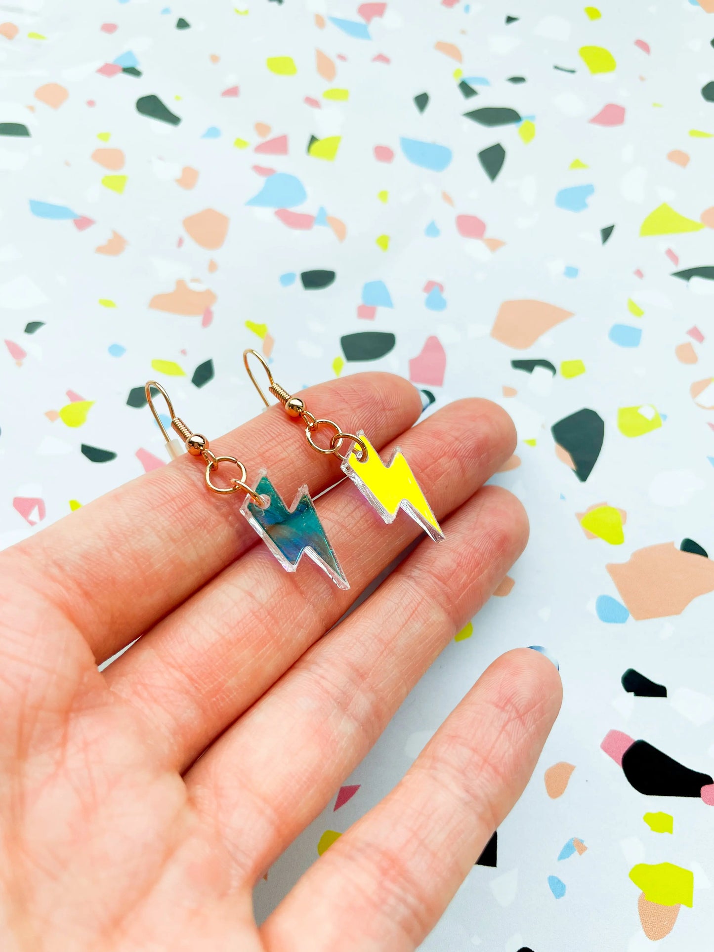Small Iridescent Shell Acrylic Lightening Bolt Dangle Earrings from Sapphire Frills