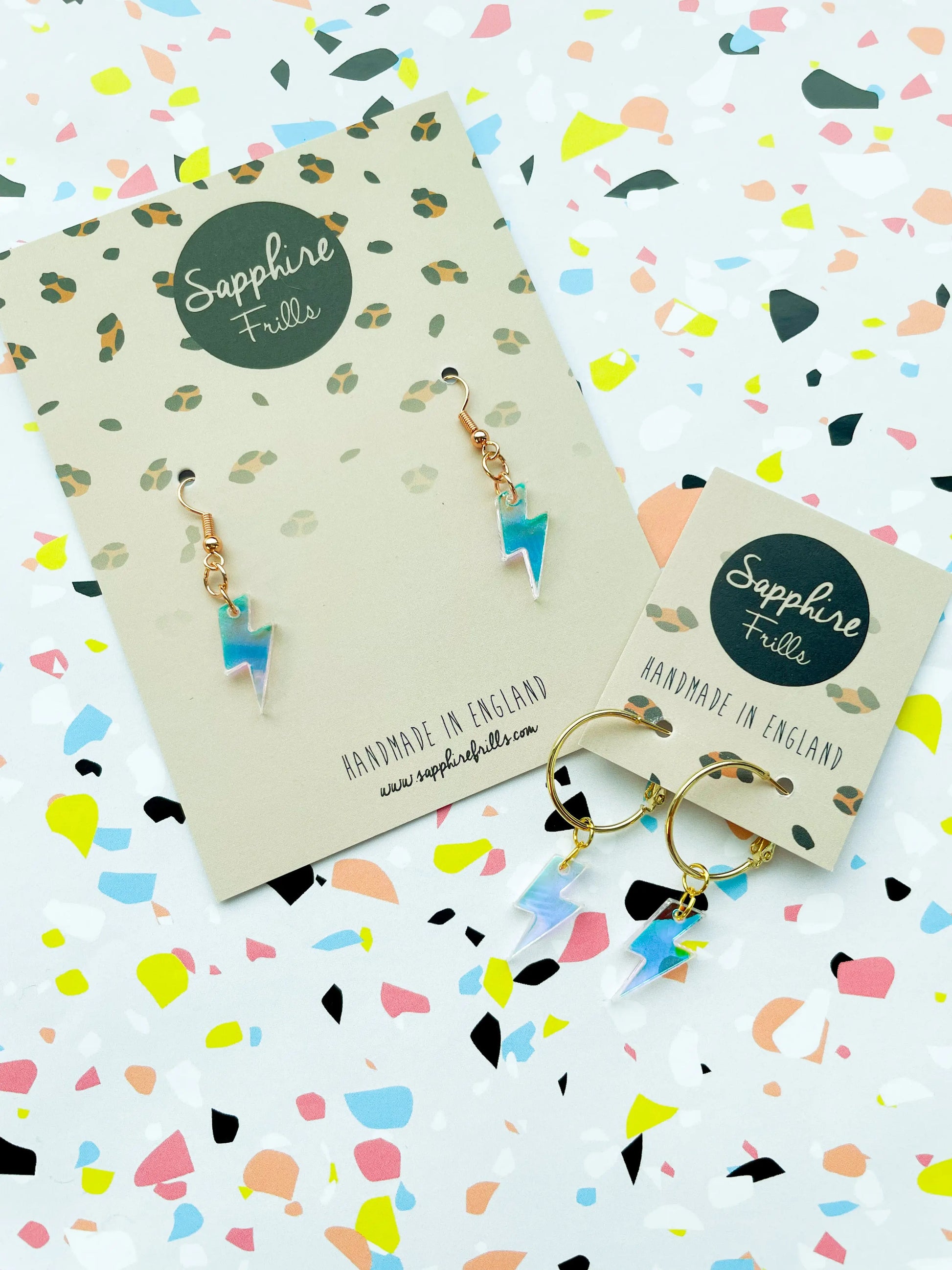 Small Iridescent Shell Acrylic Lightening Bolt Dangle Earrings from Sapphire Frills