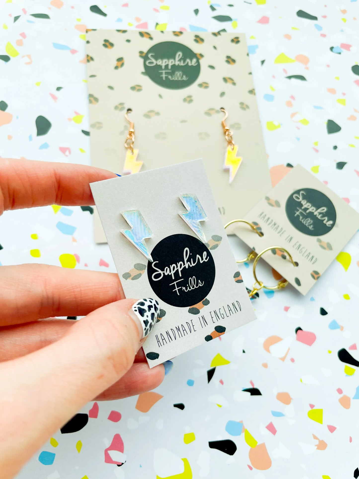 Small Iridescent Shell Acrylic Lightening Bolt Dangle Earrings from Sapphire Frills