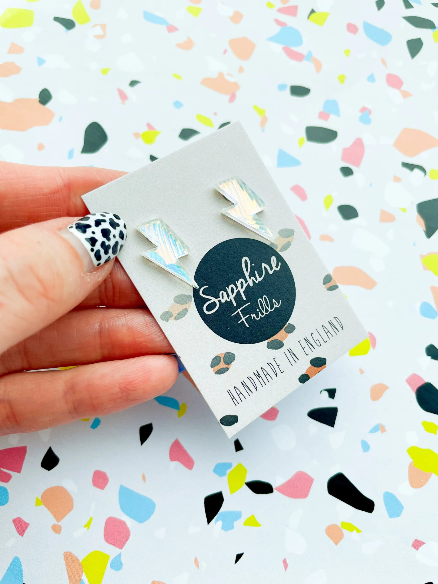 Small Iridescent Shell Acrylic Lightening Bolt Studs from Sapphire Frills