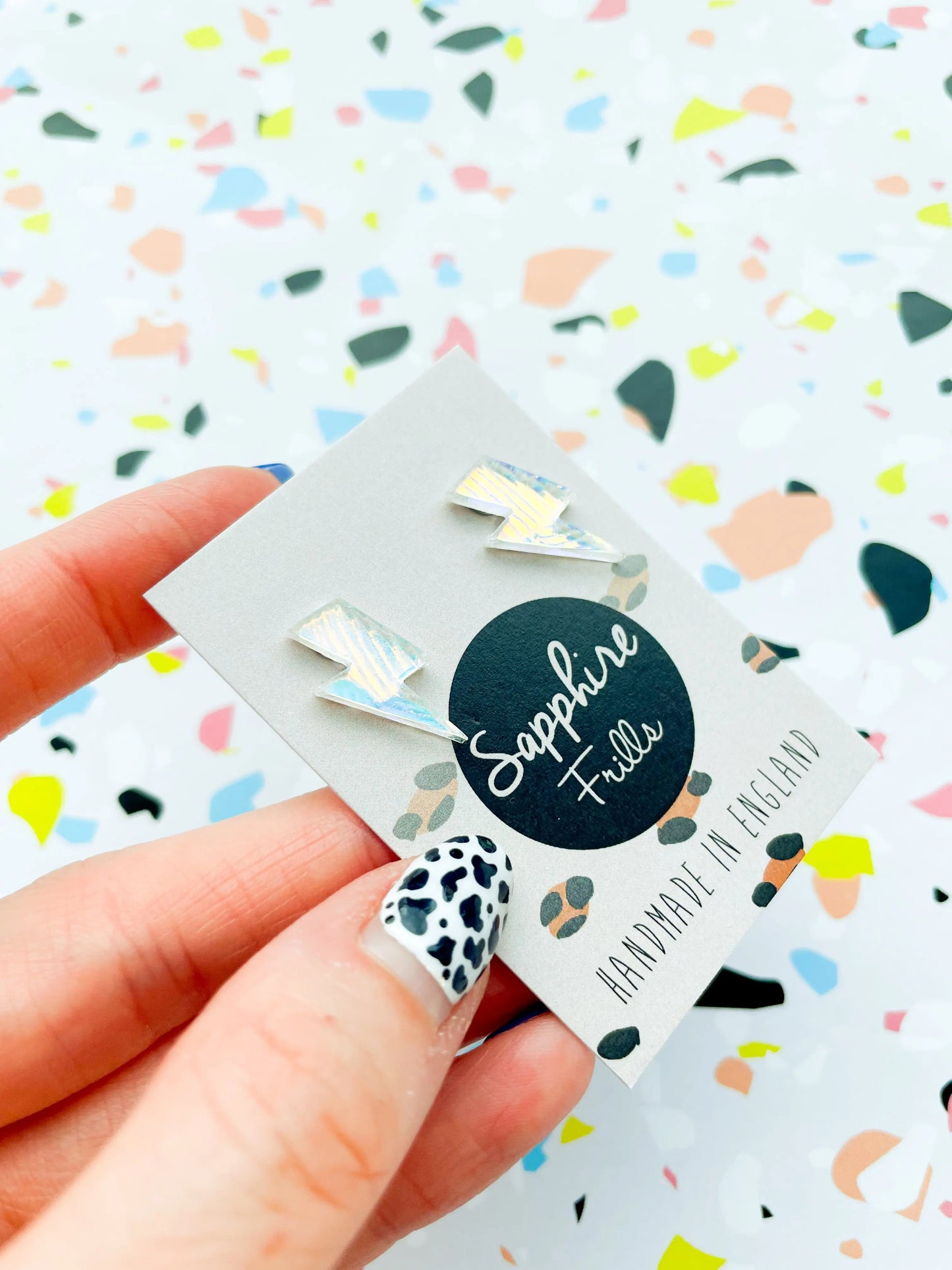 Small Iridescent Shell Acrylic Lightening Bolt Studs from Sapphire Frills