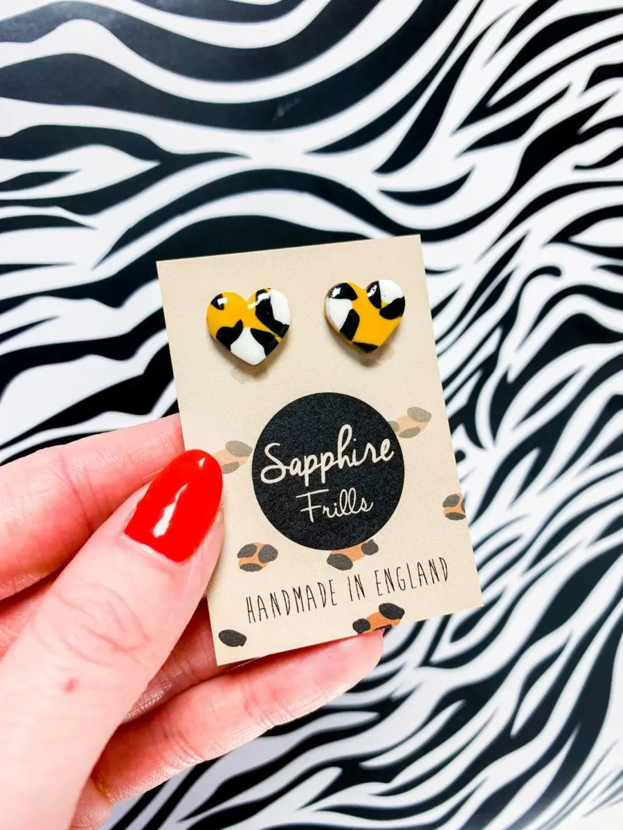 Small Mustard Leopard Print Heart Stud Earrings Sapphire Frills