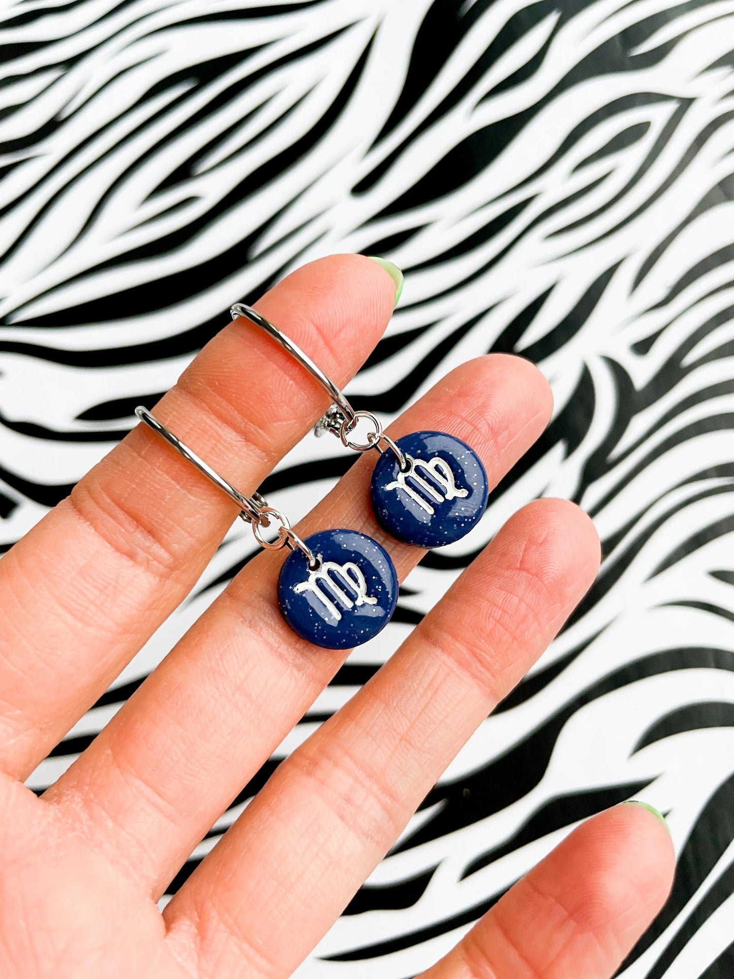 Small Navy Glitter Zodiac Circle Stud Earrings from Sapphire Frills