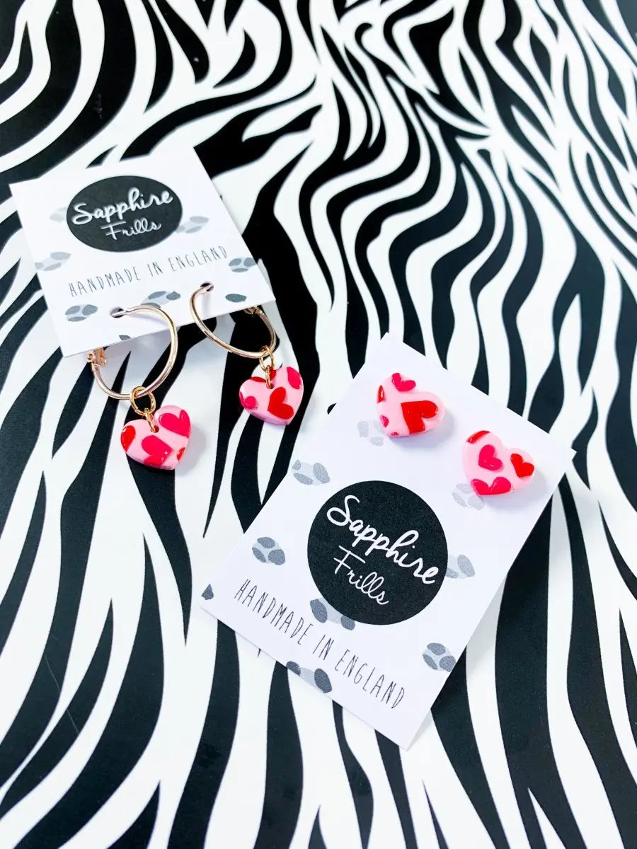 Small Pink and Red Heart Print Heart Stud Earrings from Sapphire Frills