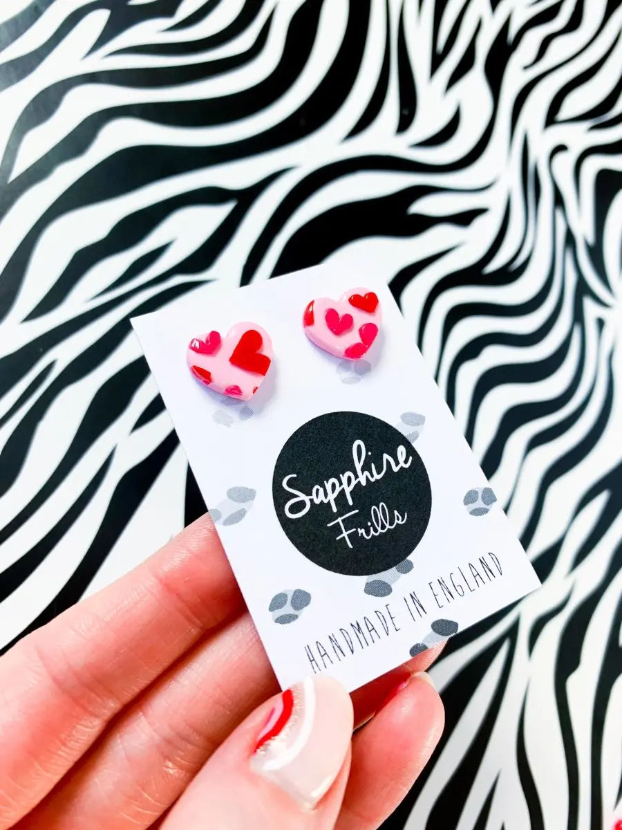 Small Pink and Red Heart Print Heart Stud Earrings from Sapphire Frills