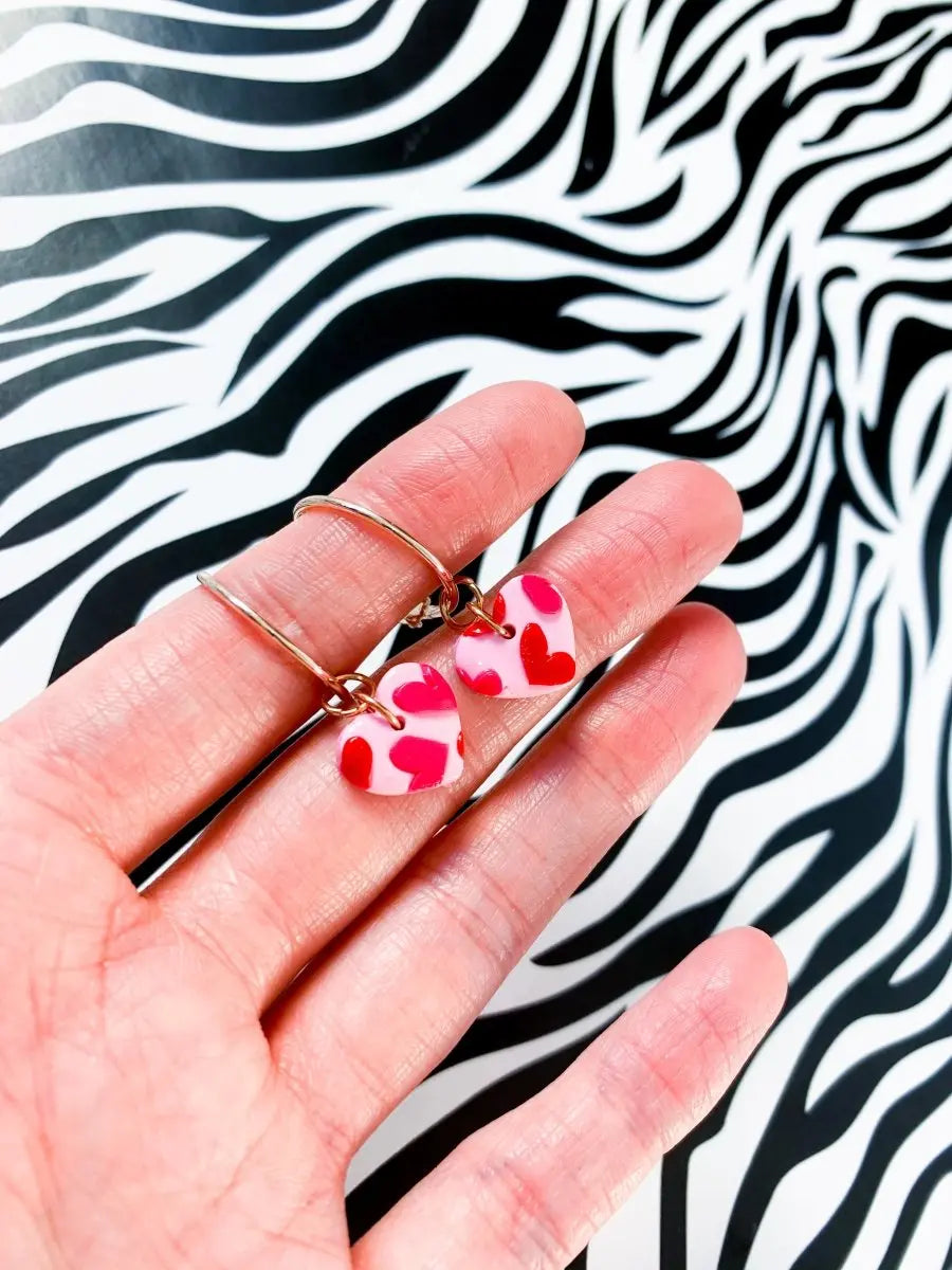Small Pink and Red Heart Print Heart Stud Earrings from Sapphire Frills