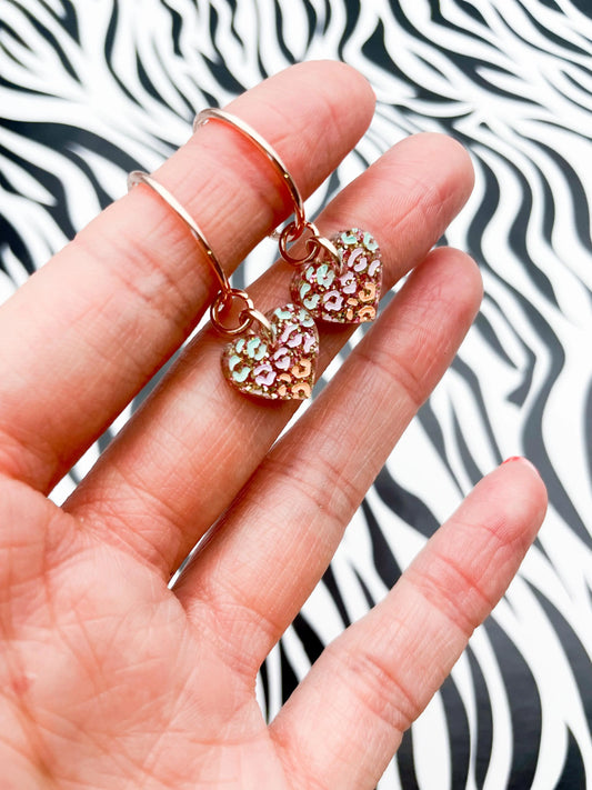 Small Rose Glitter, Mint, Lilac and Peach Leopard Print Acrylic Heart Dangle Earrings from Sapphire Frills