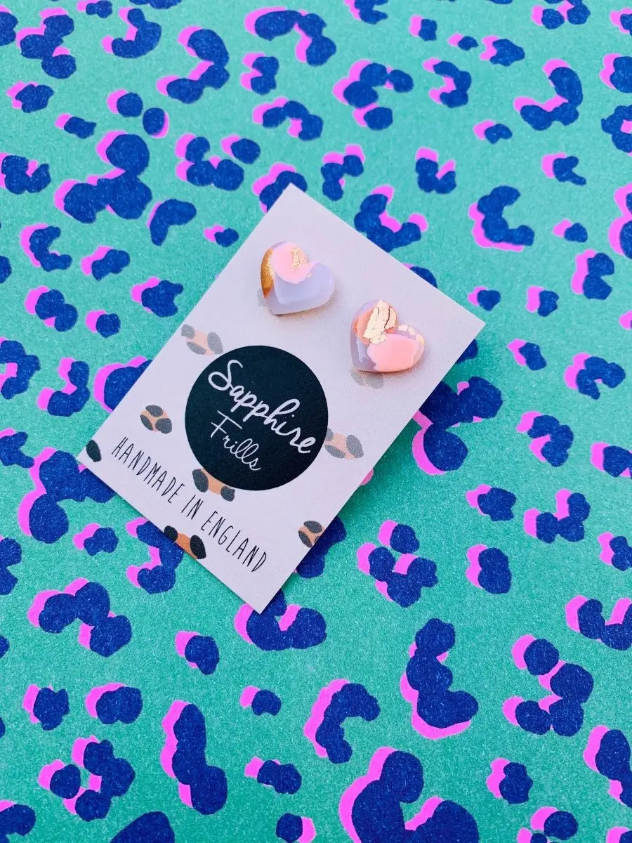 Small Translucent Rose Gold Smudge Print Heart Stud Earrings Sapphire Frills