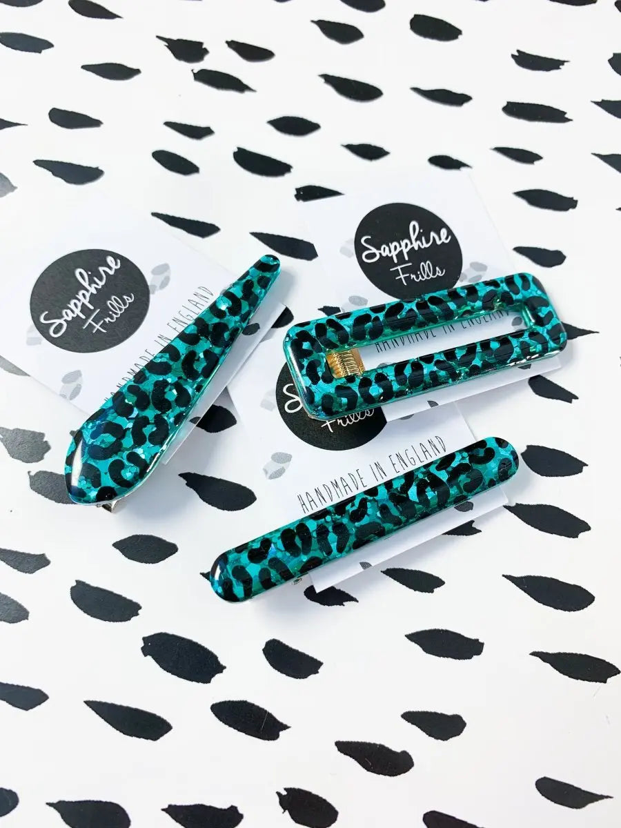 Teal Glitter Leopard Print Hair Clips from Sapphire Frills