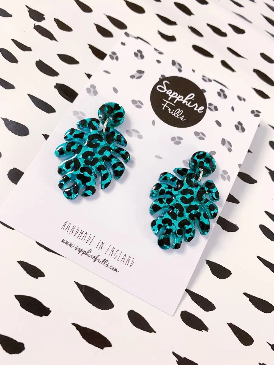 Teal Glitter Leopard Print Monstera Leaf Dangle Earrings from Sapphire Frills
