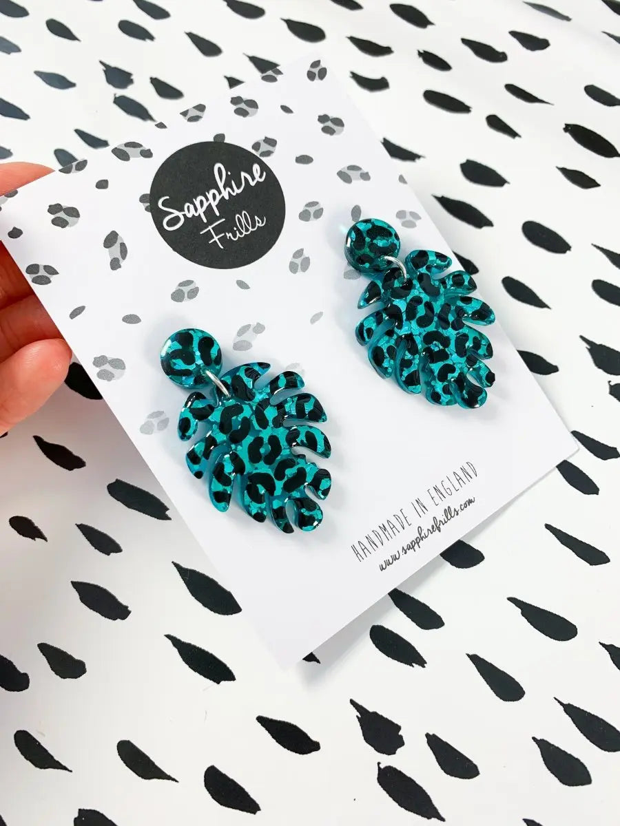 Teal Glitter Leopard Print Monstera Leaf Dangle Earrings from Sapphire Frills