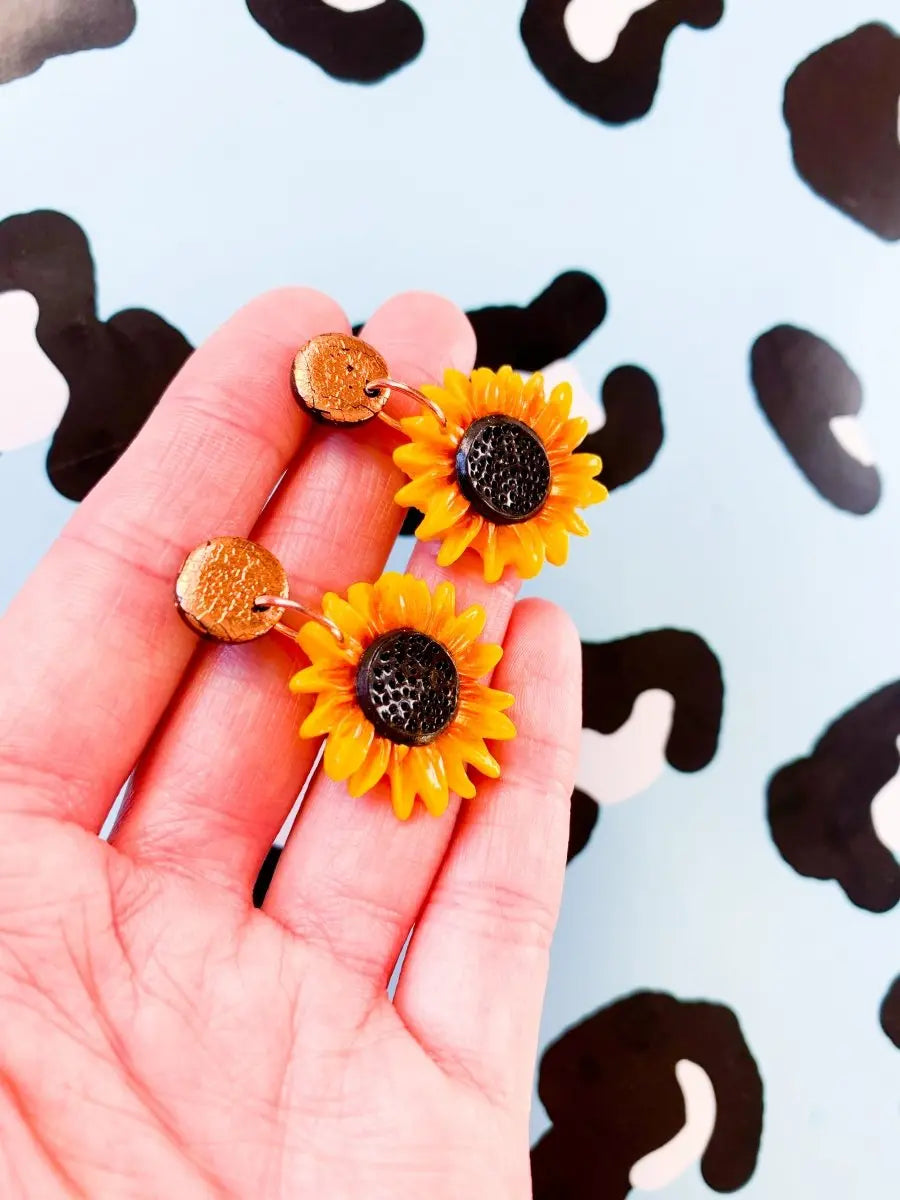 Yellow and Rose Gold Sunflower Dangle Earrings from Sapphire Frills