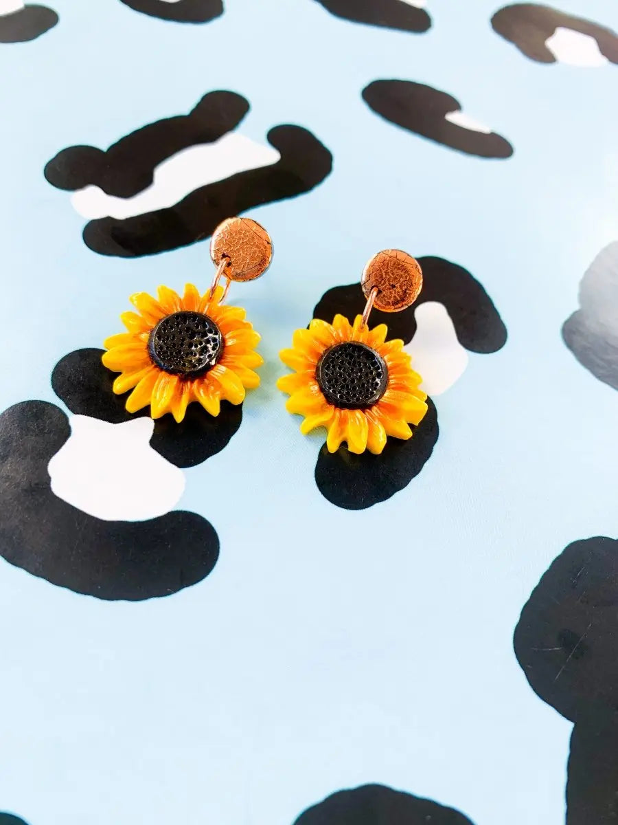 Yellow and Rose Gold Sunflower Dangle Earrings from Sapphire Frills