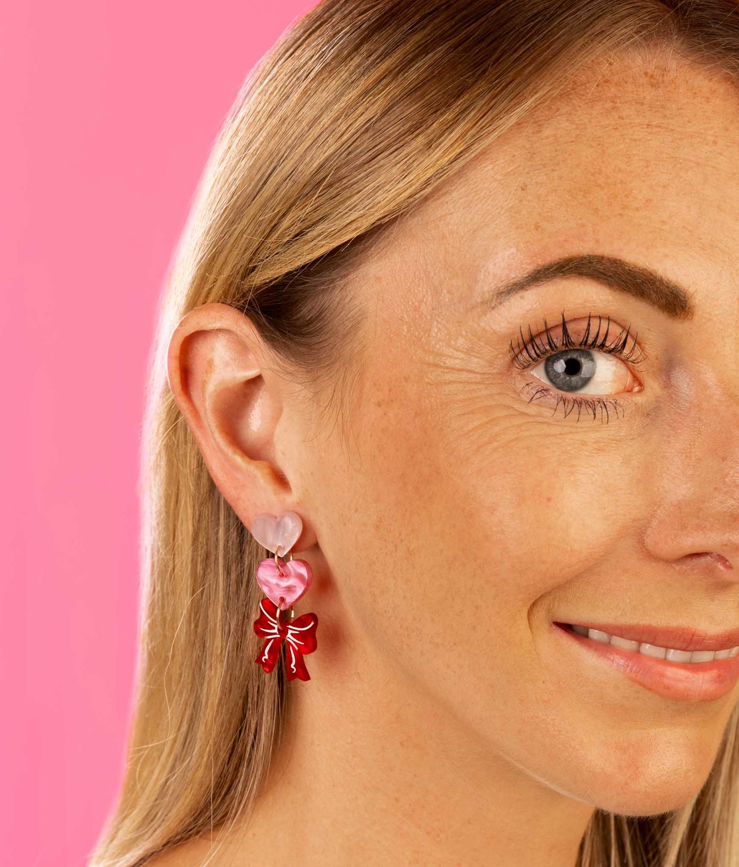 Pink Hearts and Red Marble Bow Trio Acrylic Dangle Earrings – Hypoallergenic Stainless Steel