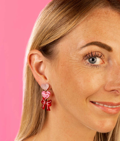 Pink Hearts and Red Marble Bow Trio Acrylic Dangle Earrings – Hypoallergenic Stainless Steel
