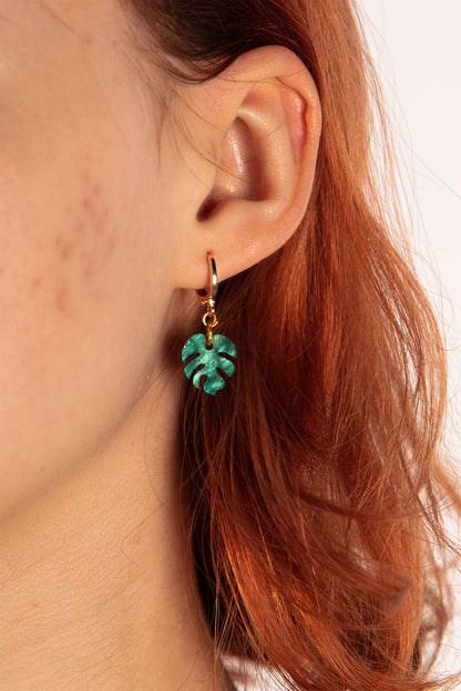 Mini Green and Black Galaxy Glitter Marble Acrylic Monstera Leaf Dangle Earrings or Necklace – Hypoallergenic Stainless Steel