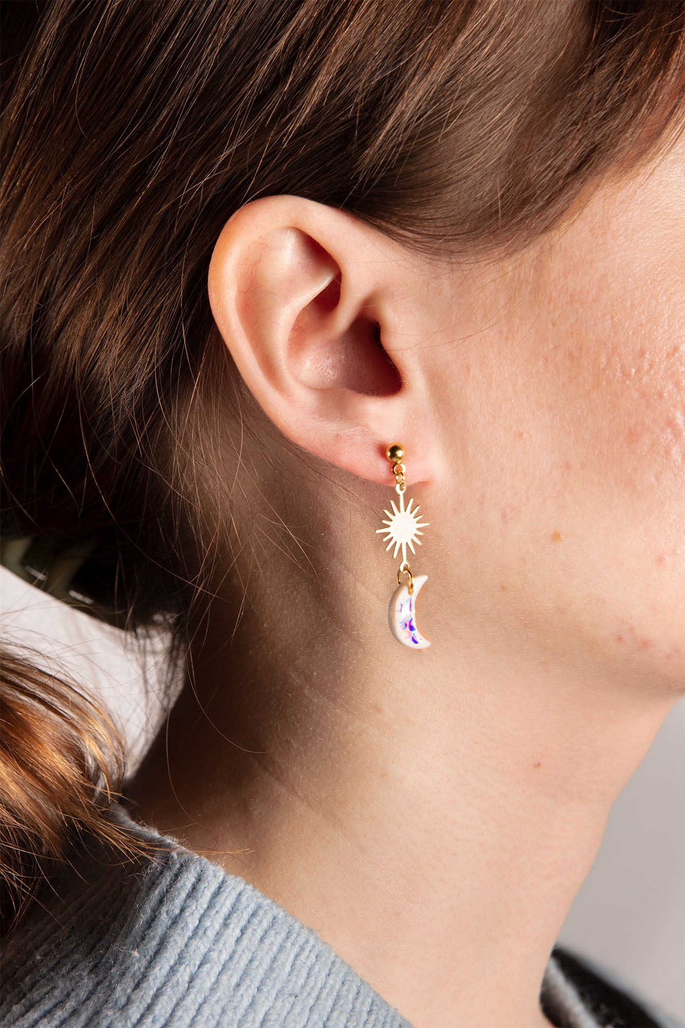 Pearl White Star, Sun and Moon Sequin Dangle Earrings