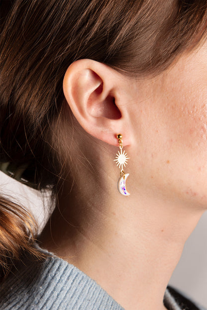 Pearl White Star, Sun and Moon Sequin Dangle Earrings – Hypoallergenic Stainless Steel