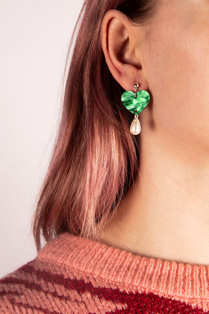 Emerald Marble Heart and Pearl Teardrop Acrylic Dangle Earrings or Necklace – Hypoallergenic Stainless Steel