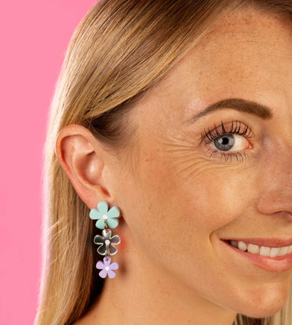 Mint, Periwinkle Lilac and Iridescent Acrylic Flower Dangle Earrings – Hypoallergenic Stainless Steel