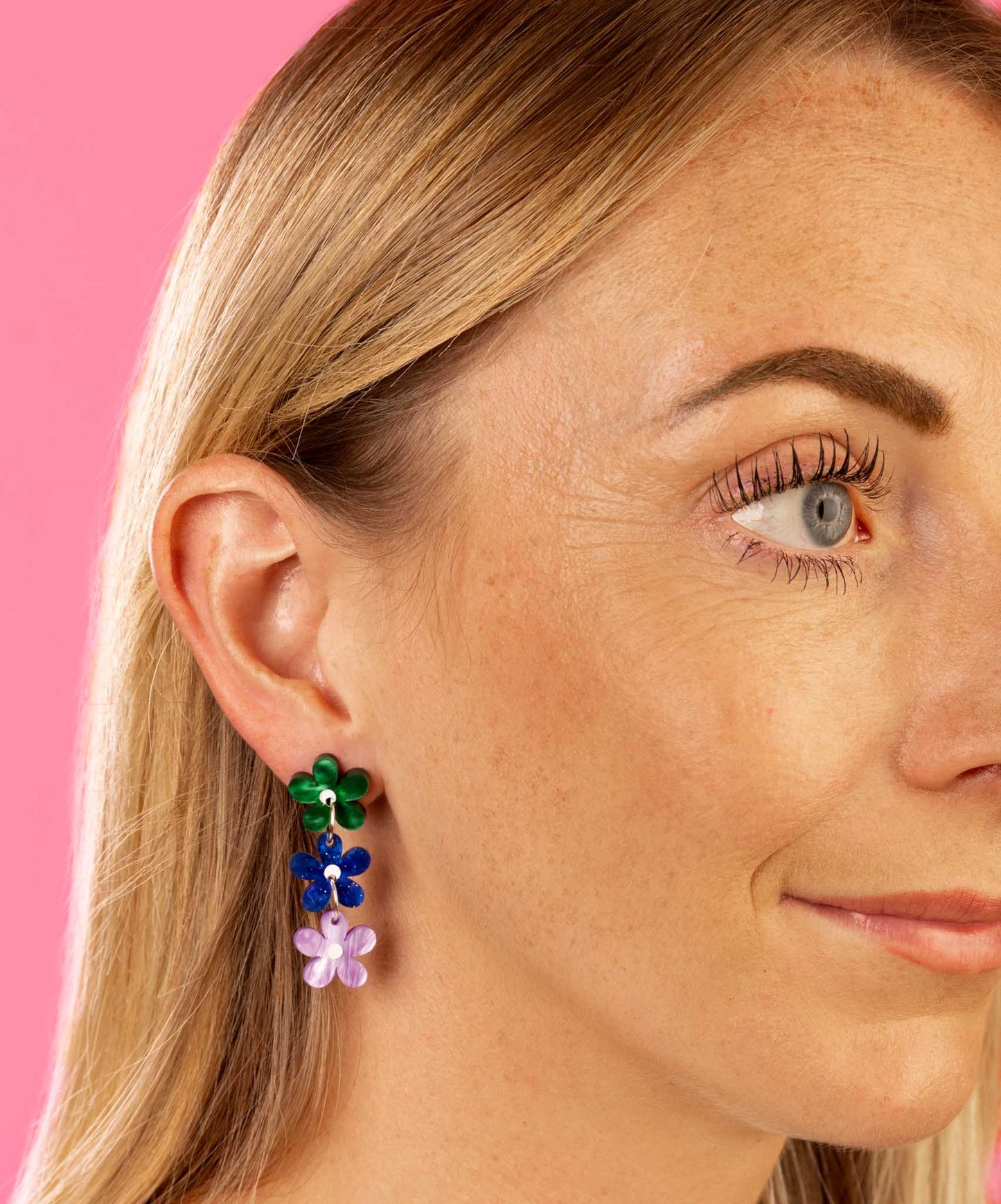 Rainbow Mismatch Flower Trio  Statement Dangle Earrings – Hypoallergenic Stainless Steel