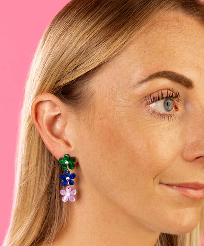 Rainbow Mismatch Flower Trio  Statement Dangle Earrings – Hypoallergenic Stainless Steel