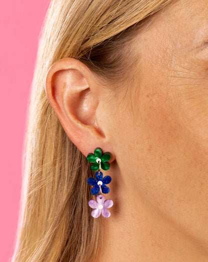 Rainbow Mismatch Flower Trio  Statement Dangle Earrings – Hypoallergenic Stainless Steel