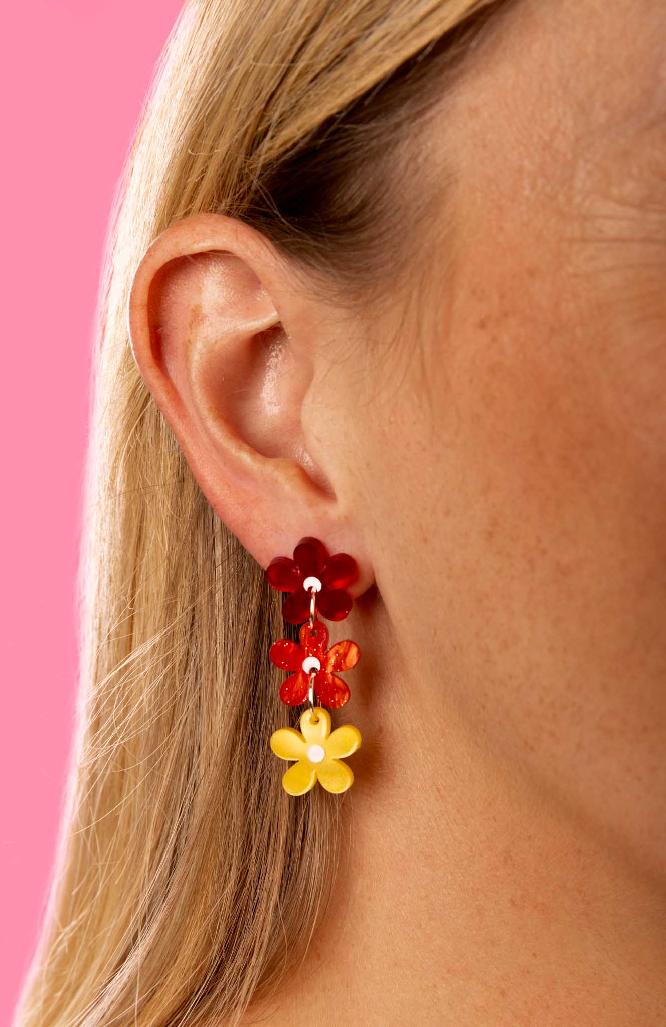 Rainbow Mismatch Flower Trio  Statement Dangle Earrings – Hypoallergenic Stainless Steel
