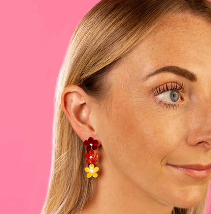 Rainbow Mismatch Flower Trio  Statement Dangle Earrings – Hypoallergenic Stainless Steel