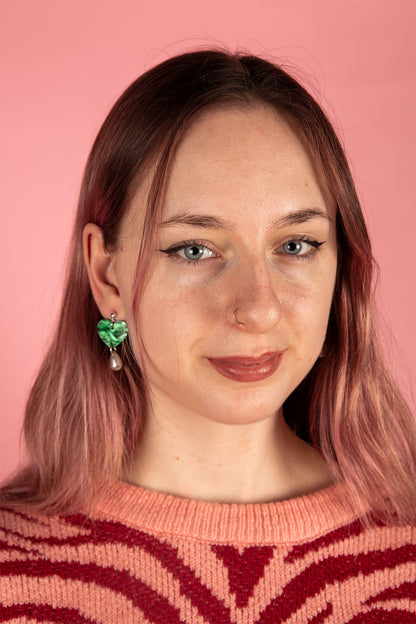 Emerald Marble Heart and Pearl Teardrop Acrylic Dangle Earrings or Necklace – Hypoallergenic Stainless Steel