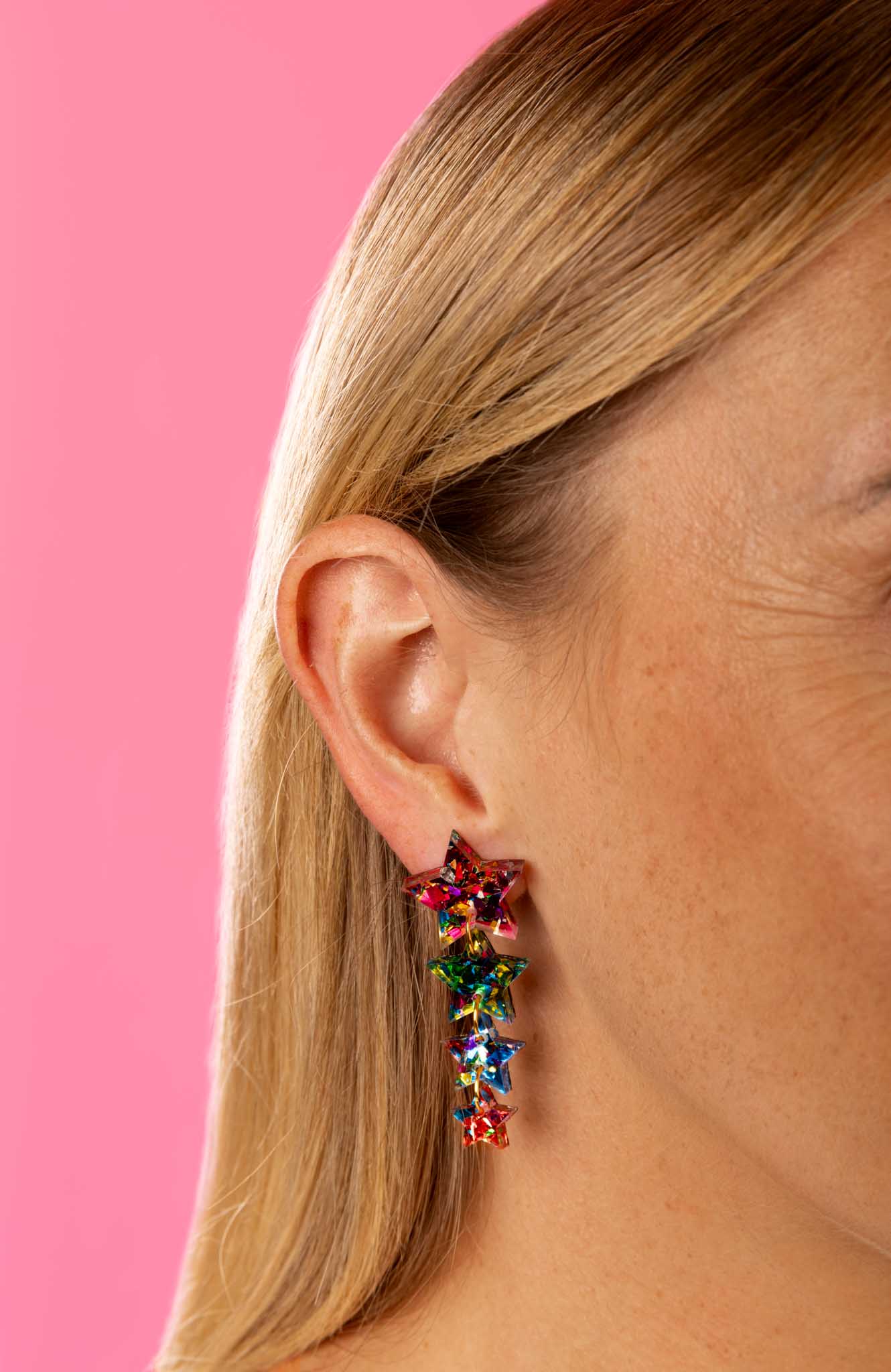 Pink, Green, Blue and Red Confetti Acrylic Star Quad Dangle Earrings – Hypoallergenic Stainless Steel