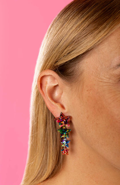 Pink, Green, Blue and Red Confetti Acrylic Star Quad Dangle Earrings – Hypoallergenic Stainless Steel