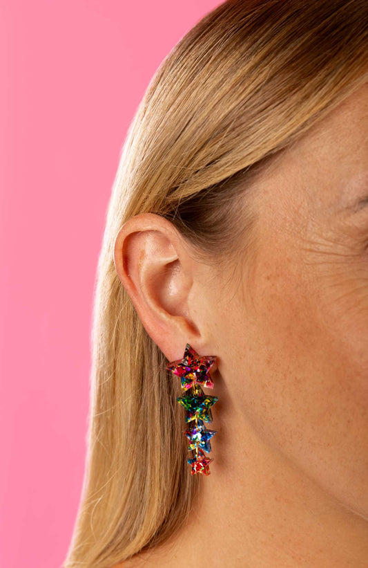 Pink, Green, Blue and Red Confetti Acrylic Star Quad Dangle Earrings – Hypoallergenic Stainless Steel